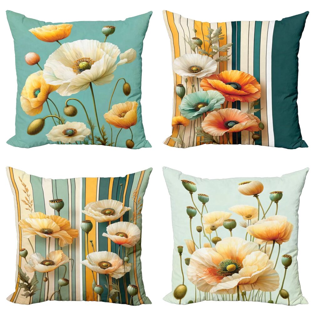 6744 Floral Throw Pillow Cushion Cover Set of 4, Poppy Flowers on Retro